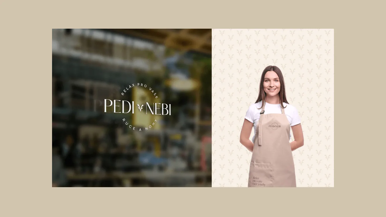 Značka Pedi v nebi: logo na výloze studia a pracovní zástěra